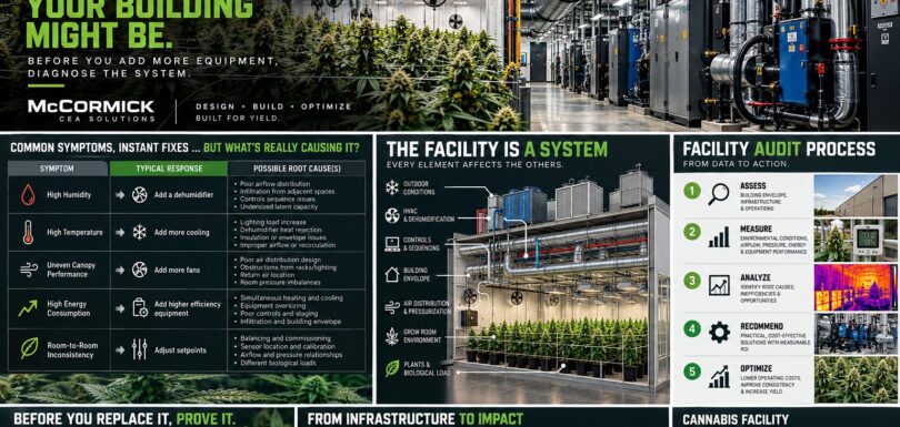 Infographic: when a cannabis grow room struggles with temperature or humidity, audit the building first — HVAC, airflow, controls, envelope and HVACD performance