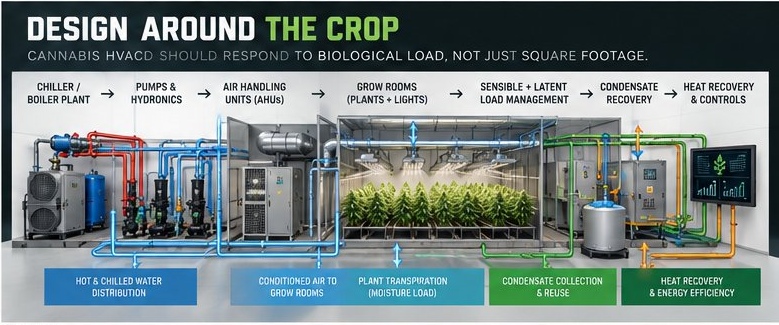 Cannabis HVACD system diagram designed around the crop's biological load